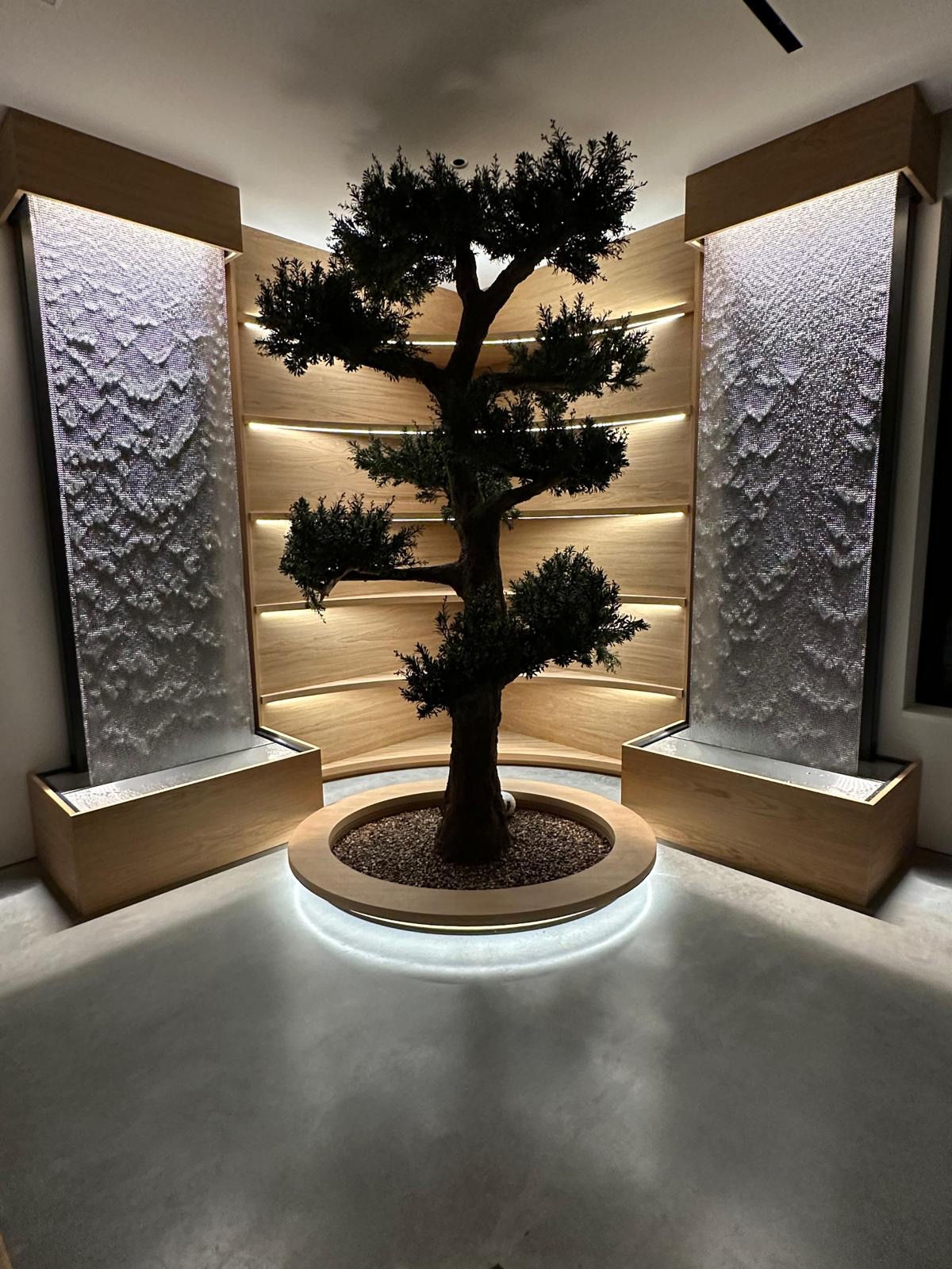 Curved oak shelving with LED-lit shelves wrapping a corner beside a slim indoor tree